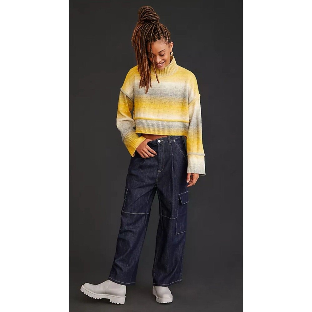 Anthropologie Pilcro Sweater Women Yellow Cropped Mock Neck Comfy Size XL NWT